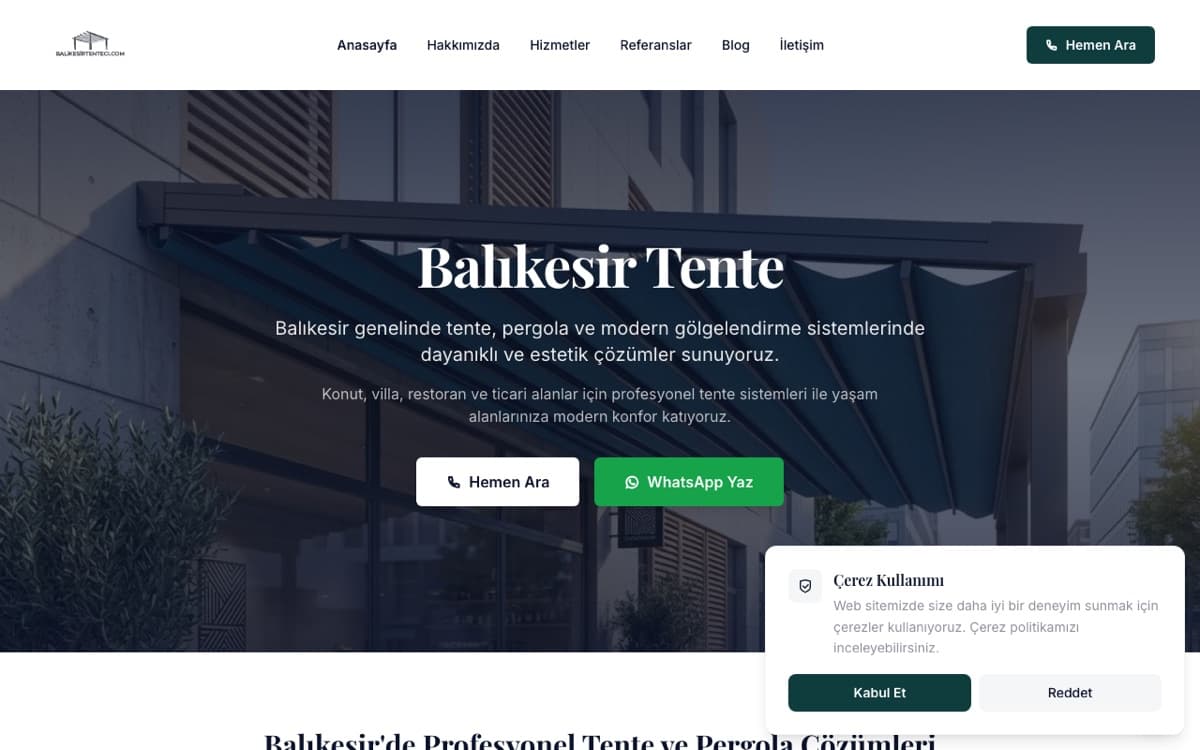 Balıkesir Tente web sitesi ekran görüntüsü