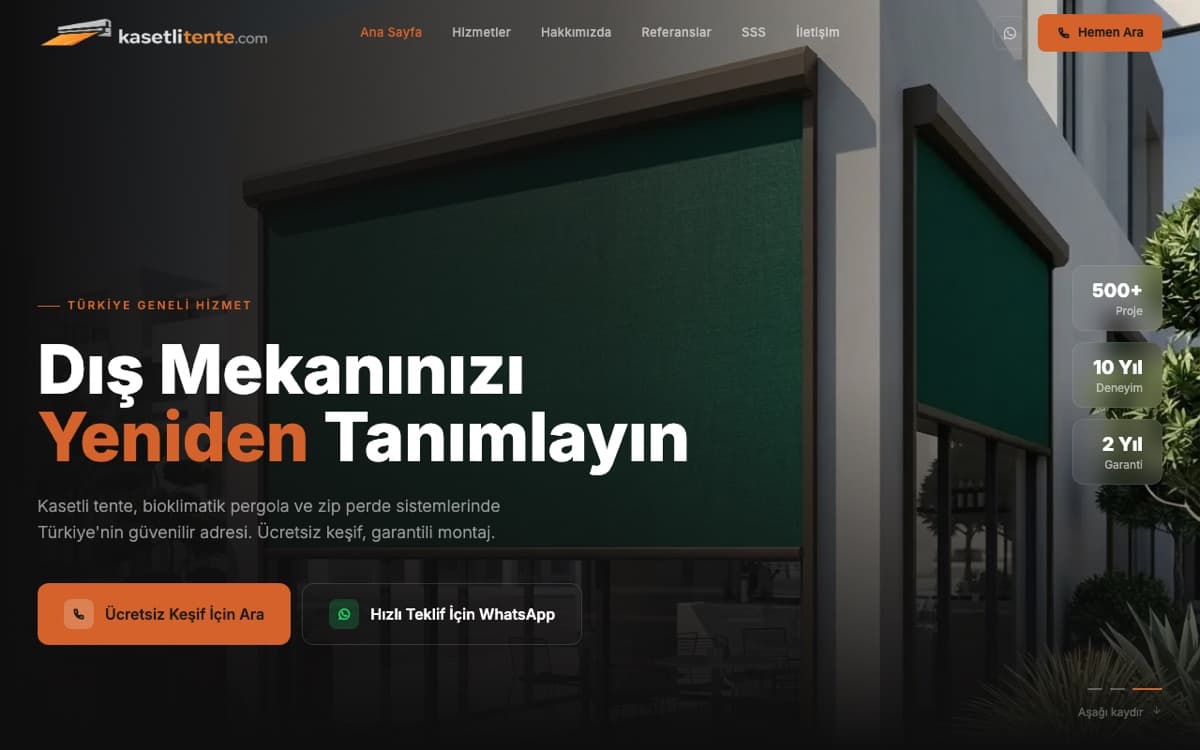 Kasetli Tente web sitesi ekran görüntüsü