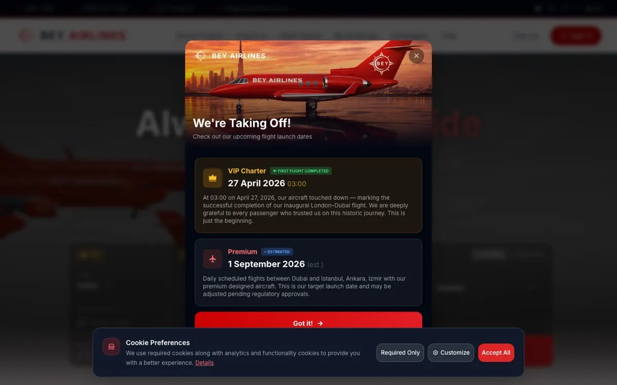 Bey Airlines web sitesi ekran görüntüsü