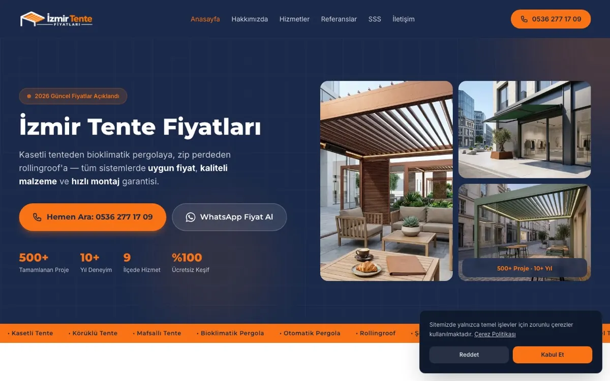 İzmir Tente Fiyatları web sitesi ekran görüntüsü
