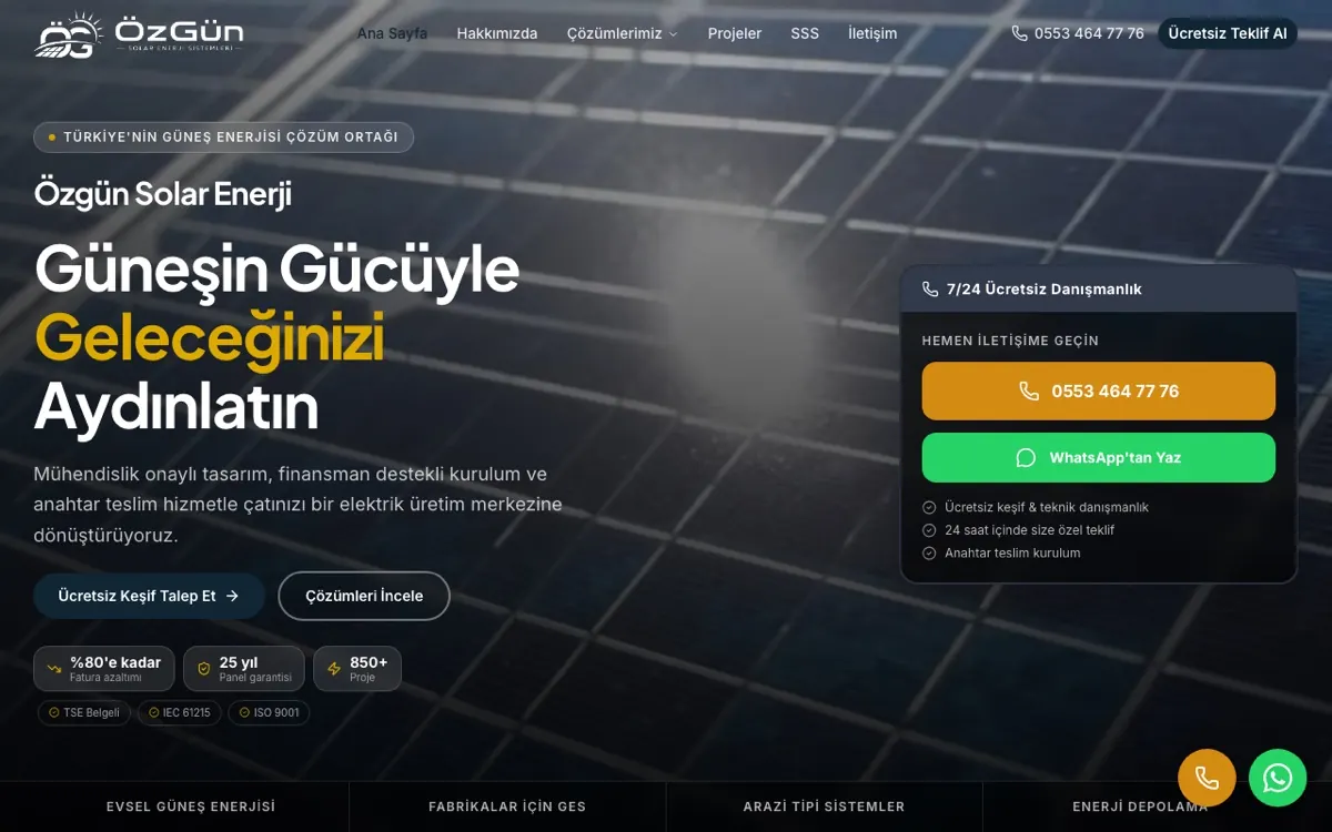 Özgün Solar Enerji web sitesi ekran görüntüsü